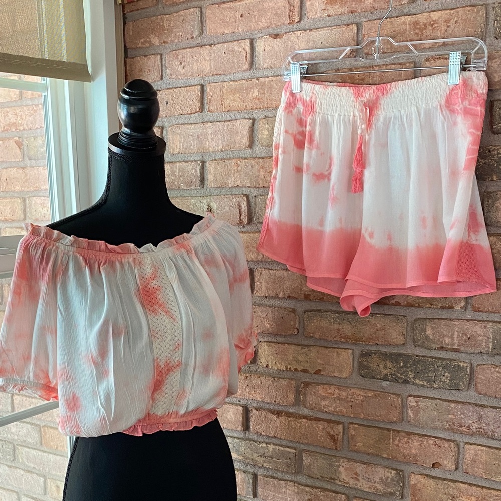 Pink and White Tie-Dye Off-Shoulder Top and Shorts Set Medium NWT